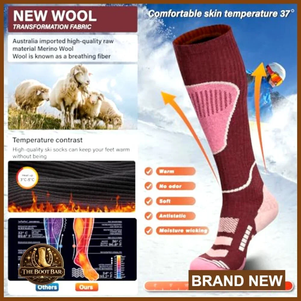 Merino Wool Thermal Knee High Ski Socks 2 Pairs for Snowboarding Hiking